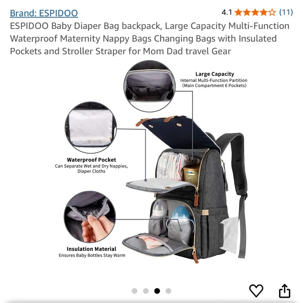 Espidoo Diaper Bag Stylish Gray Backpack with Tan Accents - Picture 5 of 10